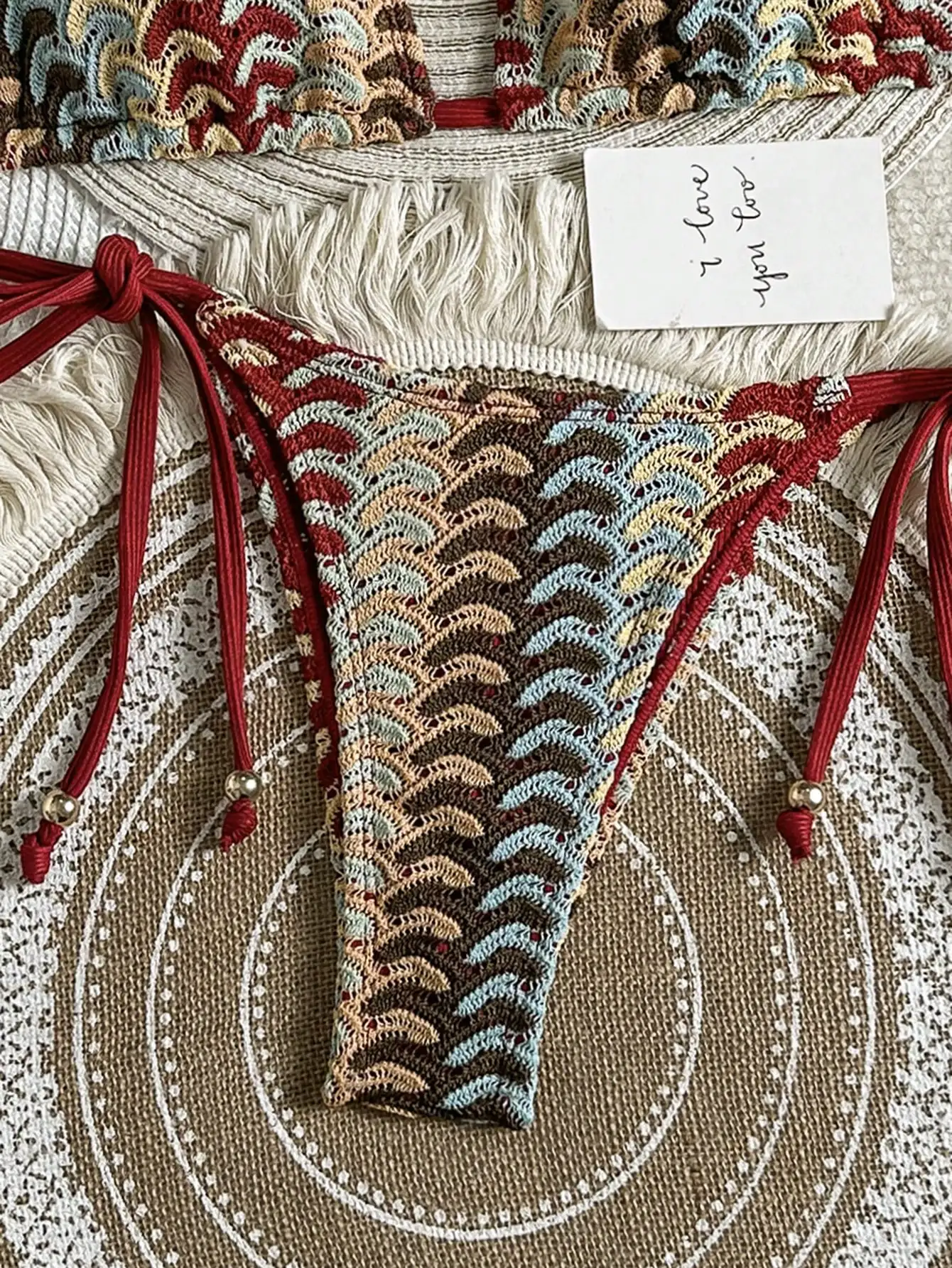 

Женский пляжный комплект бикини с вязаными крючком завязками на шее, разноцветный, в полоску