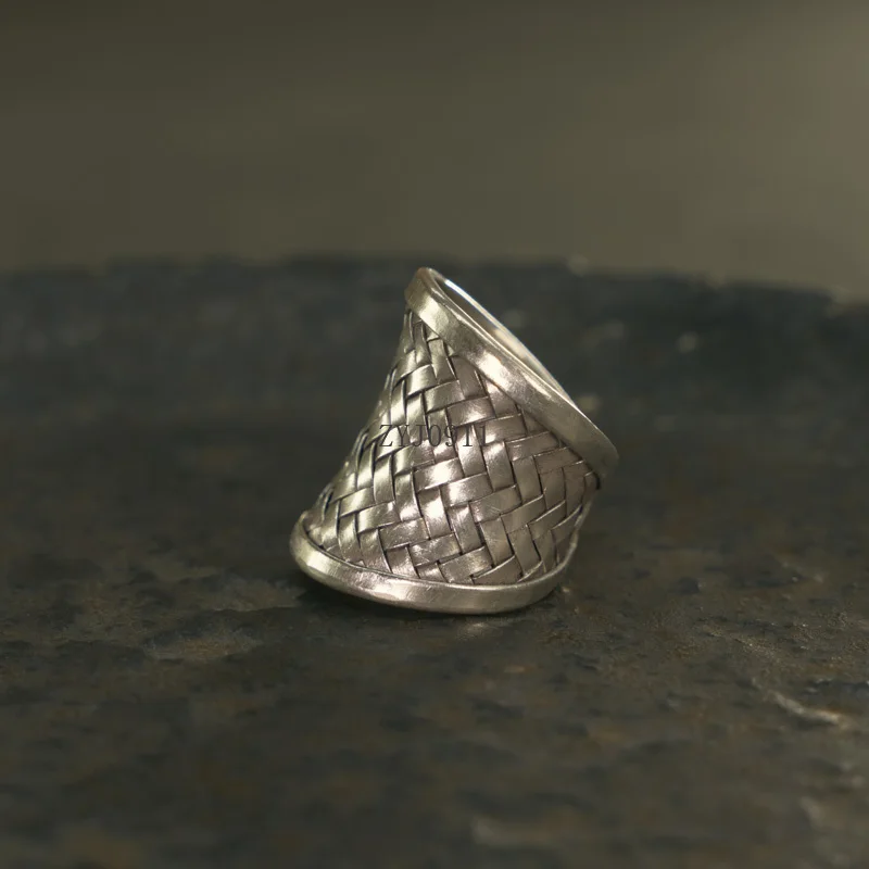 Hand-woven silver jewelry ring women's personalized retro trendy and exaggerated ring boys' hand jewelry