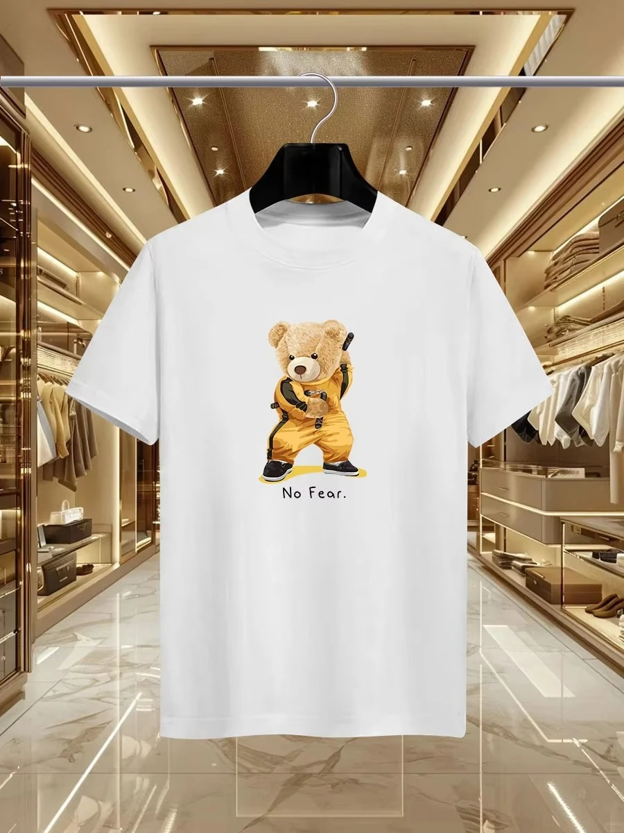 

Уникальный и креативный мультяшный медведь с принтом кунг-фу, простая и милая повседневная мужская футболка из чистого хлопка