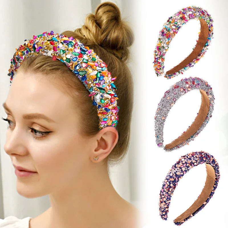 Colorful Crystal Headband Baroque Rhinestones Crystal Stones Sponge Wide-Brimmed Hair Hoops For Women Girls Hair Bands Headwear