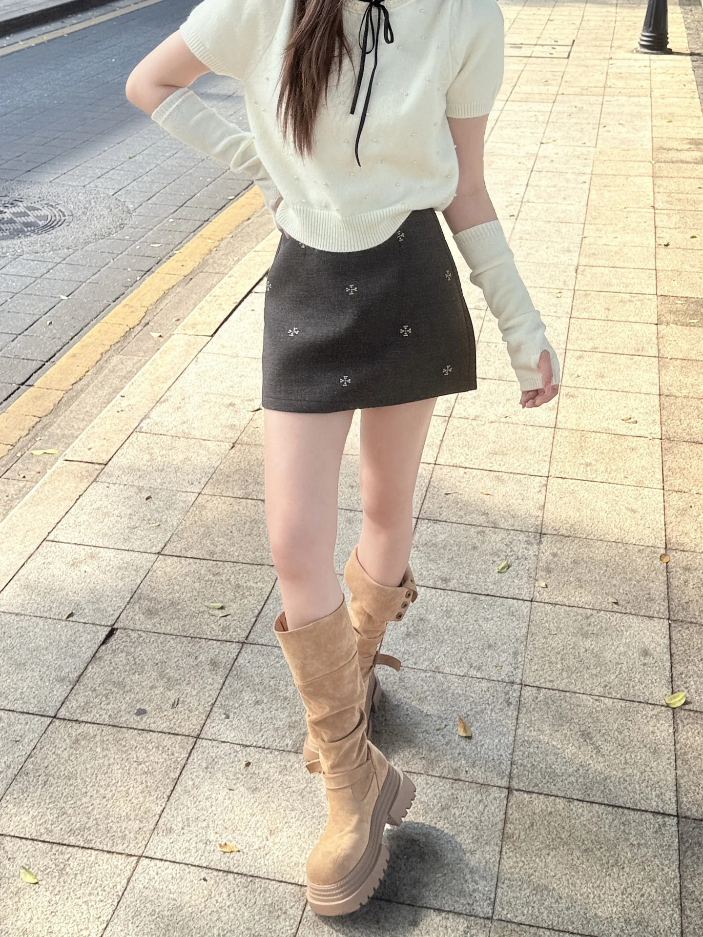 Gray Woolen A-Line  Skirt Women's Spring New Style Slimming Short Skirt Anti-Light Walking High Waist Casual Skirt