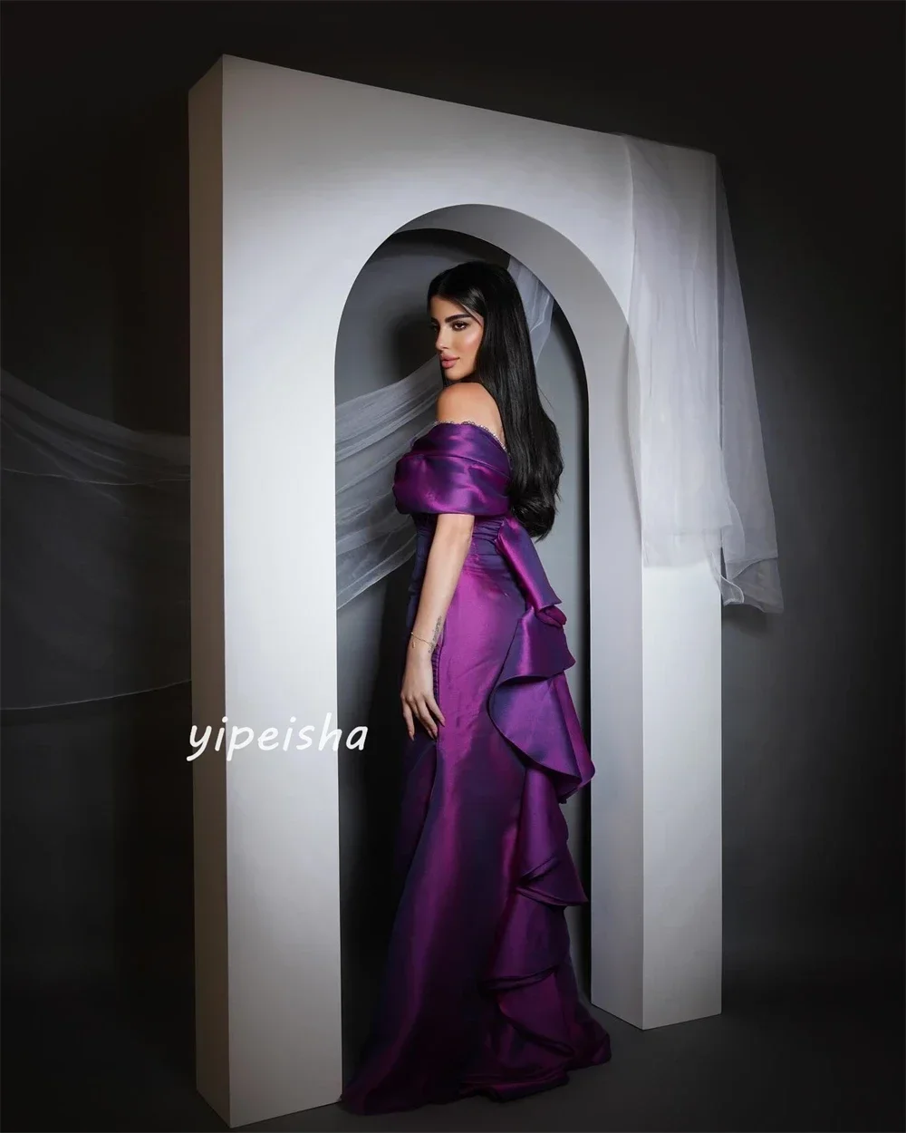 Customized Satin Sequined Flower Ruched Women Sexy Mermaid Prom Dresses Formal Evening One Shoulder Purple Side Slit Party Gowns