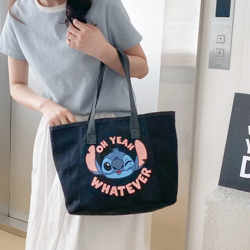 MINISO Disney Cartoon Print Stitch Canvas Bags Cute Casual Handabgs Fashion Shoulder Bag Women Totes Commuting Bag