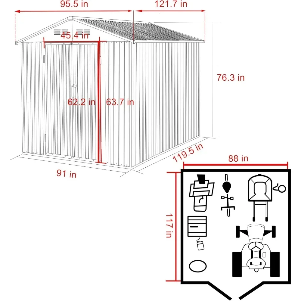 8 x 10 FT Outdoor Storage Shed, Galvanized Metal Garden Tool Shed, Patio Furniture Storage House with Double Slooping Roof