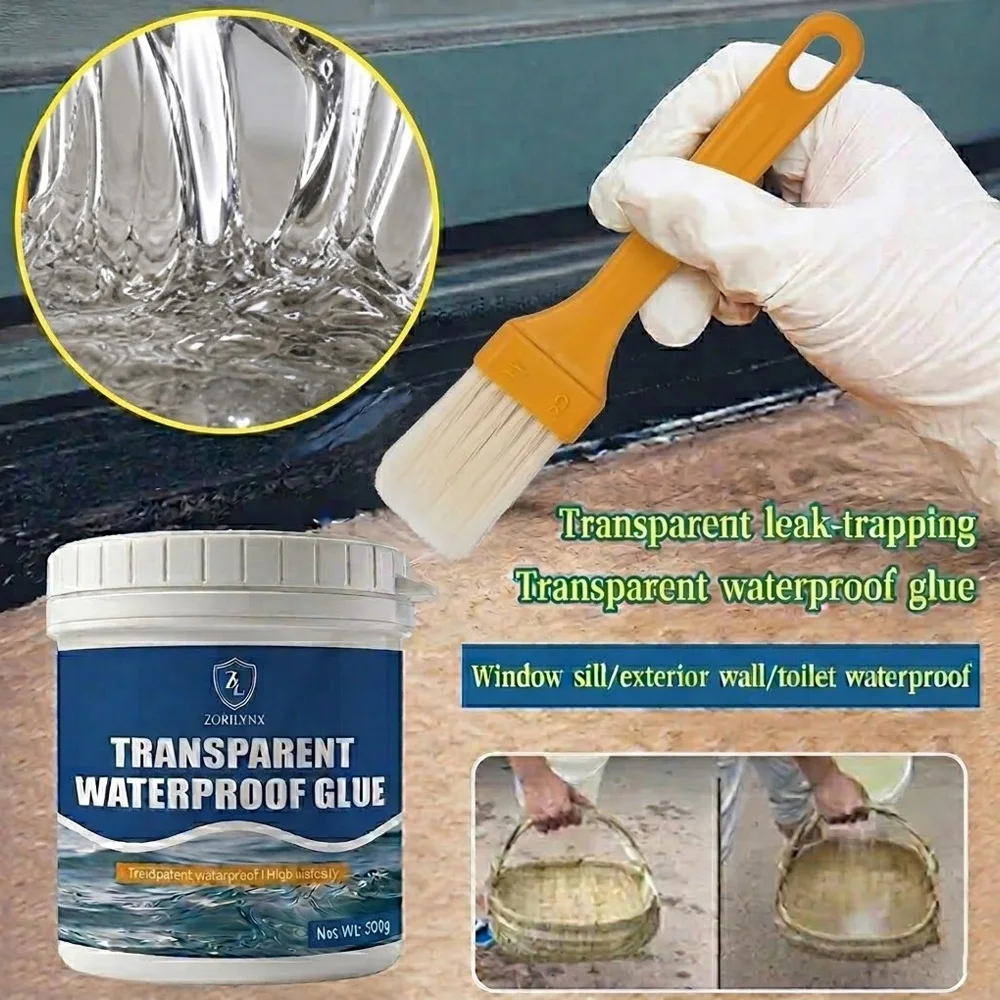 500g Transparent Waterproof Glue Insulating Sealant Coating Agent Anti Leaking Painting for Home Roof Toilet Repair Brush Tool