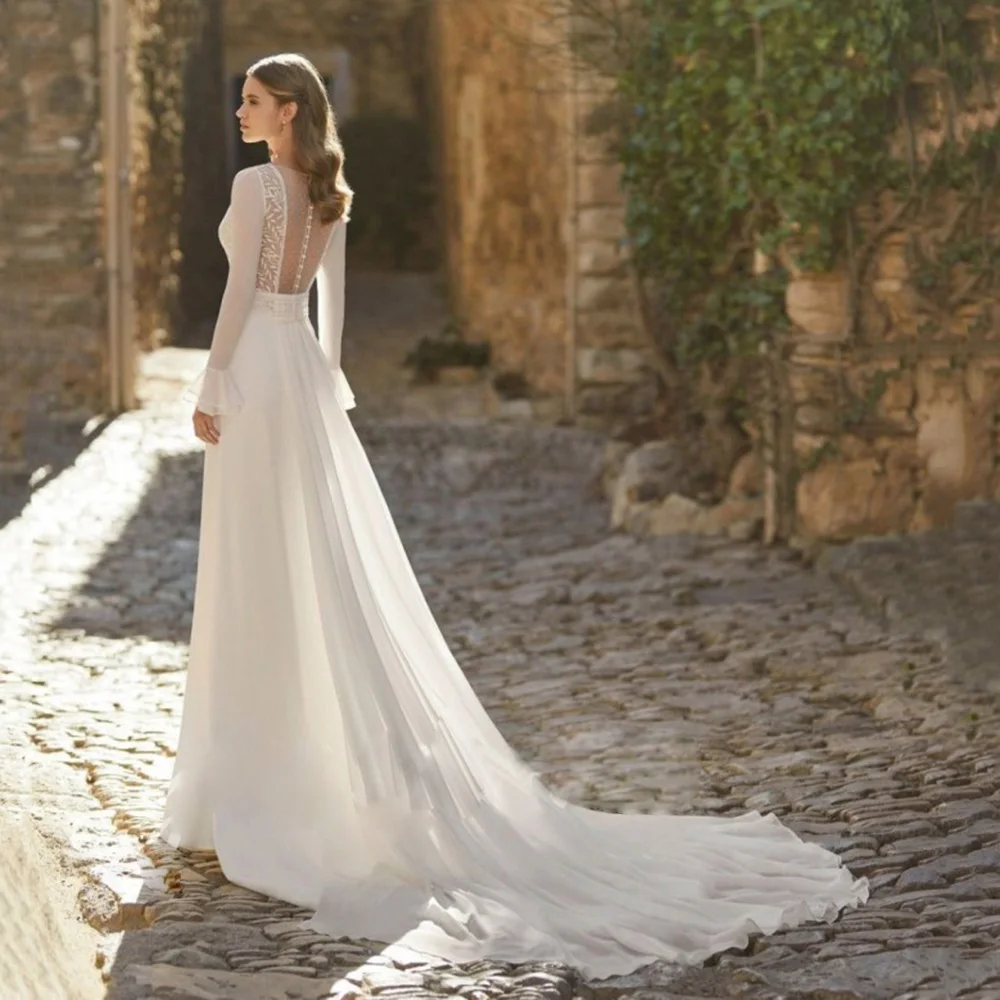 فساتين زفاف 2024 على شكل حرف a على شكل حرف v وأكمام طويلة فساتين زائدة لوصيفة العروس والحفلات الراقصة فساتين السهرة