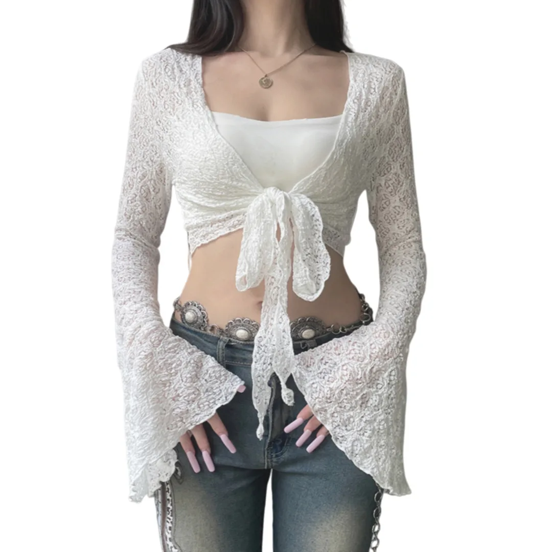 Women Crop Top 2025 Women's Elegant Versatile Jacket White Flared Long Sleeve Tie Waist Lightweight Layering Sun Protection Top