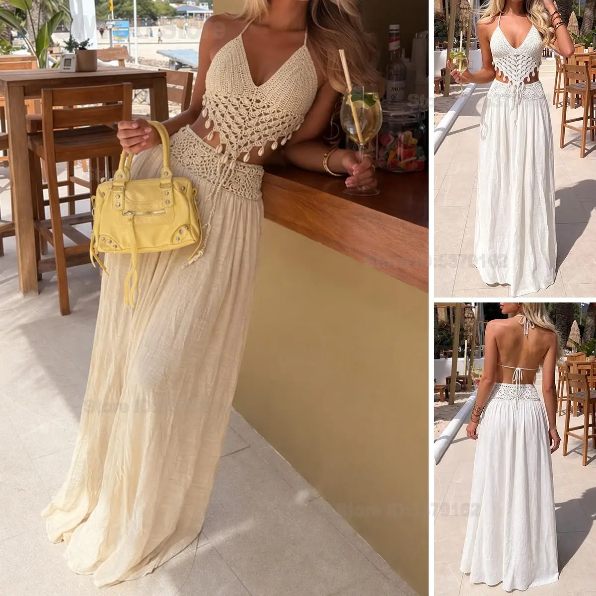 Women Beach Outfit Hand Crochet Shell Halter Top V Neck Spliced Midi Skirt Set Holiday Seaside Vacation Party Matching Suit