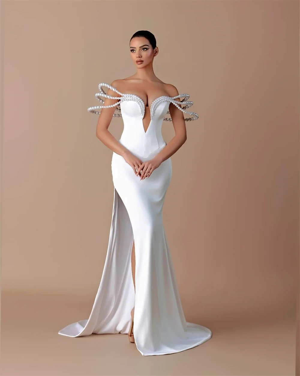 Robes de mariée sirène personnalisées en Jersey blanc, sans bretelles, avec traîne Court, robes de mariée de l'industrie lourde, robes de mariée 2025