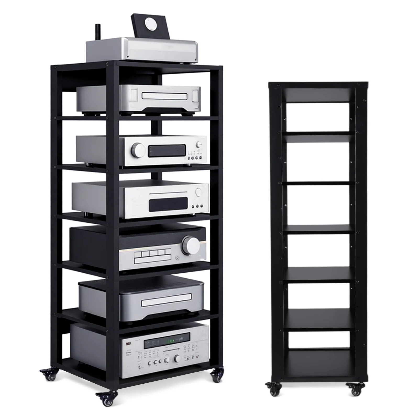 7-Tier AV Media Stand with Caster Wheels Video Game Equipment Console Shelf with Adjustable Shelves Suitable for Home and Office
