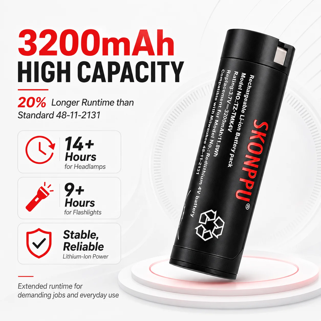 Rechargable Li-ion Battery 4V 3200mAh for 48-11-2131 Compatible with Milwaukee Headlamp Flashlight & other Milwaukee 4V Devices