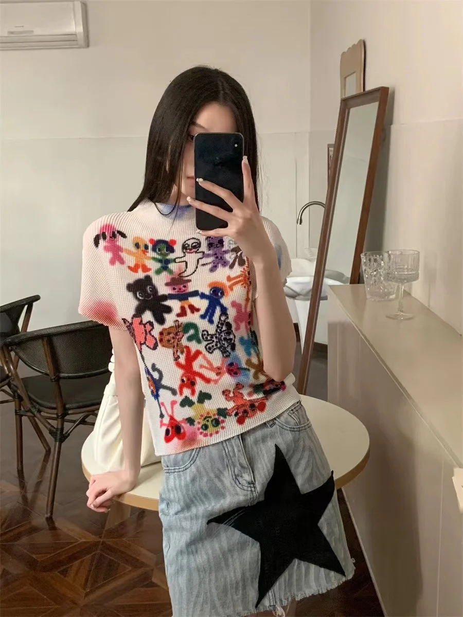 

Pleated Art Original Printing Fashion Girl Cute Age Reducing Short Sleeve T-shirt Women's Summer Colorful Graffiti Tee Y2k Top