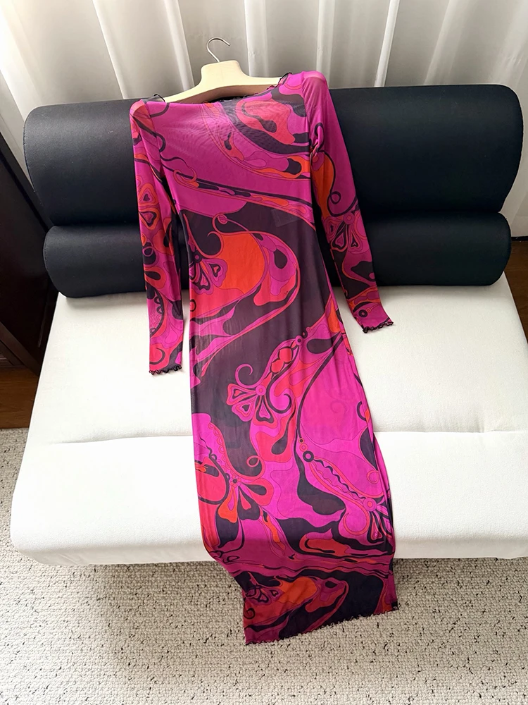 Spring Summer Fashion Vintage Geometric Print Floor-Length Pencil Dress Women's Party O-Neck Long Sleeve Buttock Covering Dress