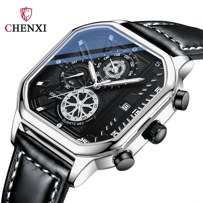 CHENXI 904 Men Quartz Watches Square Dial Wristwatch Chronograph Calendar Luminous Leather Strap Fashion Sports Men's Watch