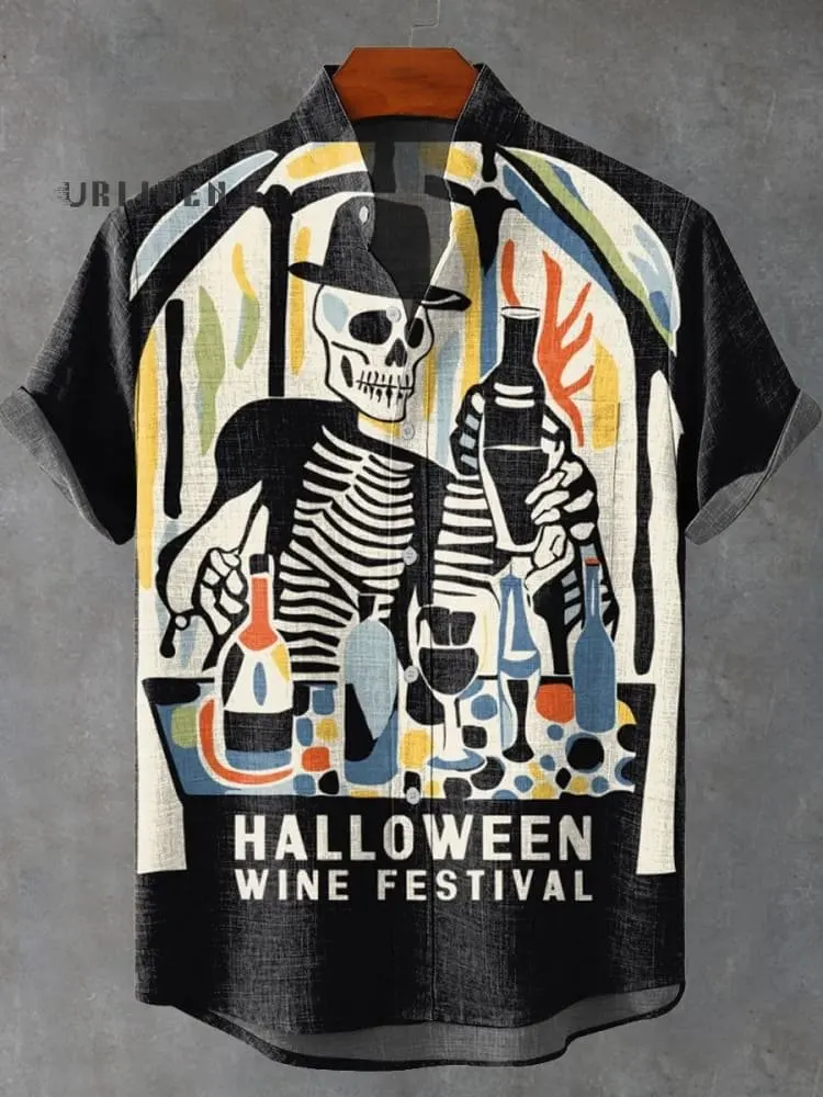 Fashionable 3D printed Halloween funny pattern men's casual loose linen pocket short stand up collar large shirt