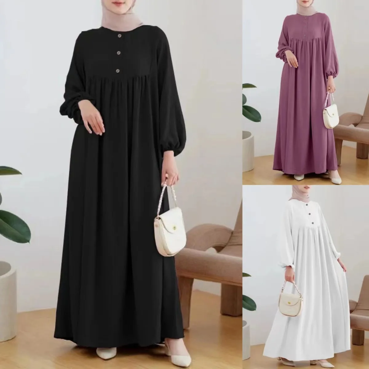 Casual Puffed Sleeves Simple Solid Color Dress for Women Islam Muslim Dress Women Clothes Dubai Abayas African Robe Musulmane