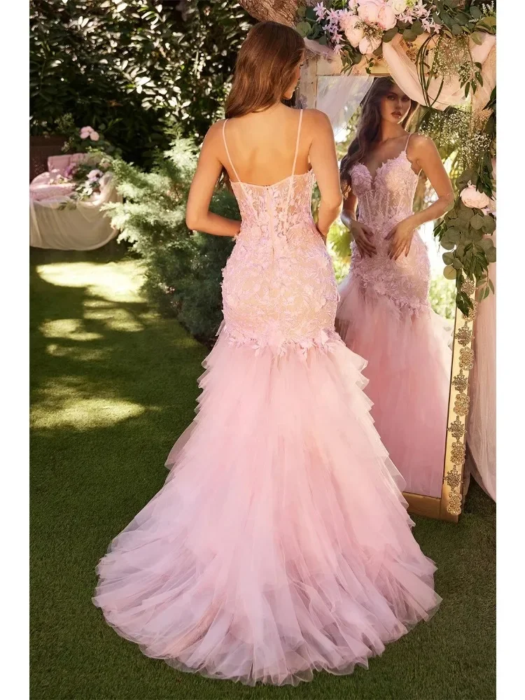 Babyrosa Spitzenstickerei Tüll-Abschlussballkleid mit Spaghettiträgern, Meerjungfrauen-Stil, formelles Partykleid, elegantes ärmelloses Cocktailkleid – Detail 2