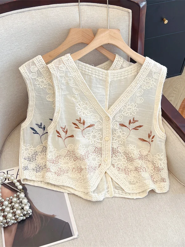 

Женская летняя легкая майка с V-образным вырезом в стиле ретро, высококачественный многослойный ажурный топ с полыми точками Personali