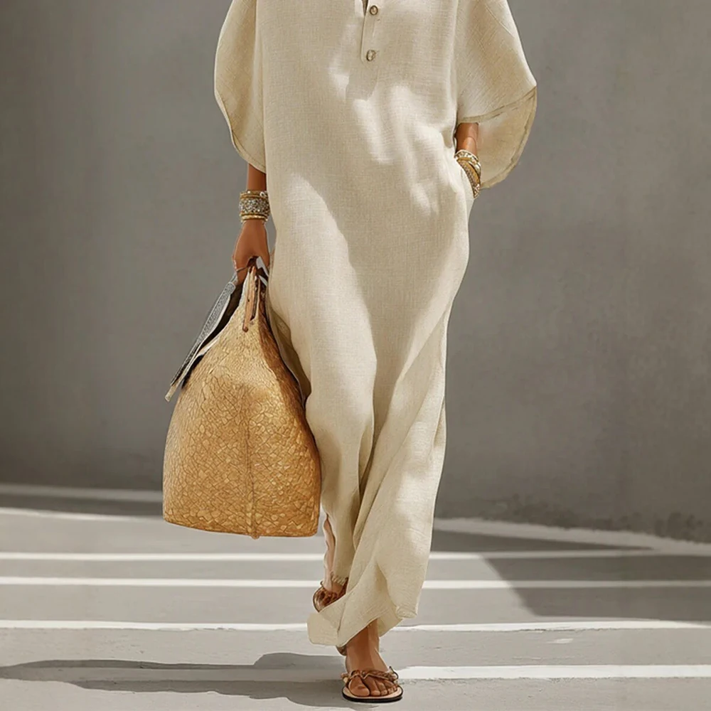 Women's Imitation Linen Batwing Sleeve Maxi Dress Vintage Stand Collar Half Button Pocket Loose Casual Summer Kaftan Dresses view 3