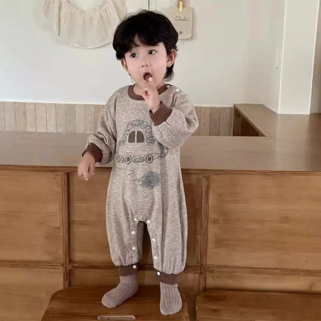 Baby Rompers 2024 Autumn New Korean Children Clothing Baby Jumpsuit Cartoon Printed Patchwork Long Sleeve Rompers