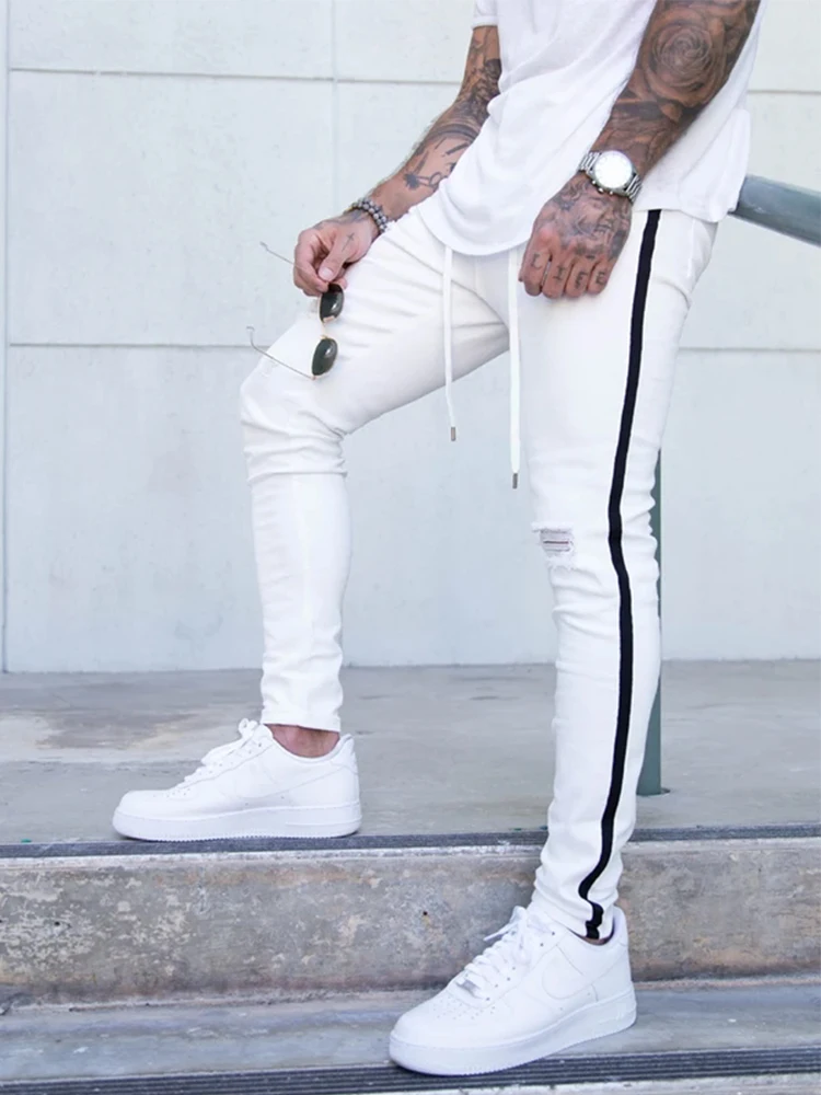 Y2k White Mens Clothing Men\'s Rip Pencil Pants Skinny Jeans Motorcycle Side Stripes Stylish Foot Zipper Hip Hop Slim Fit Jeans