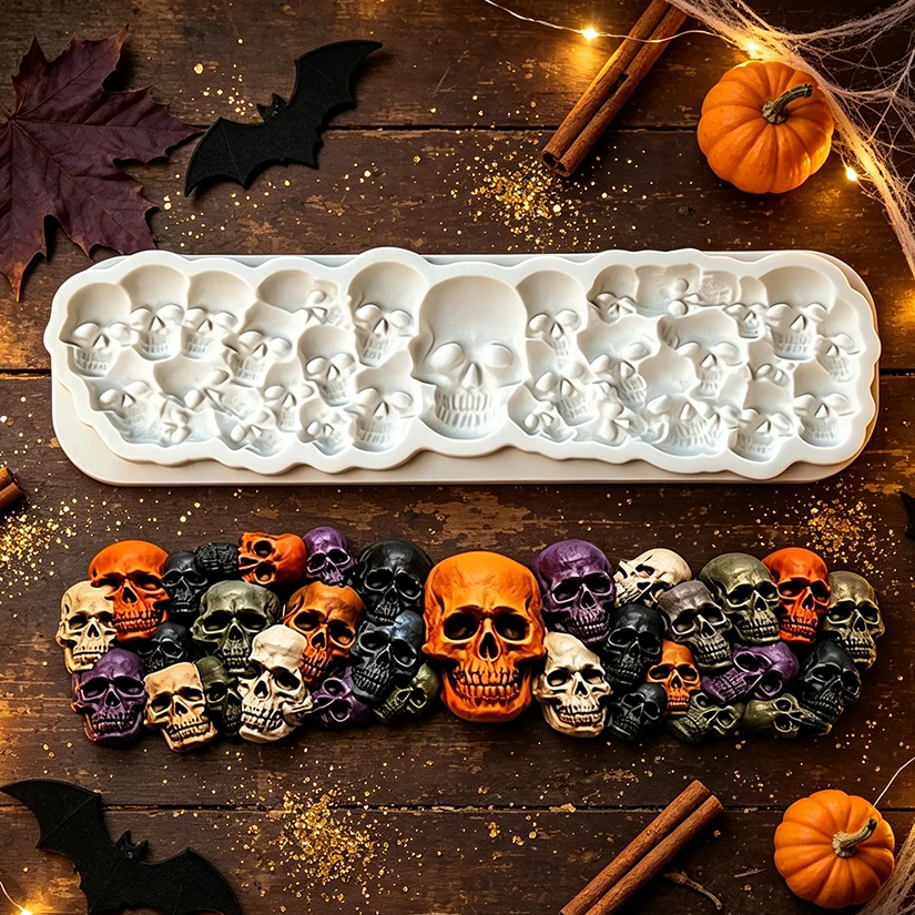 Totenkopf Halloween Silikonform für Zuckerguss, Harzwerkzeuge, Cupcake-Backform, Fondant-Kuchendekorationswerkzeuge – Detail 2