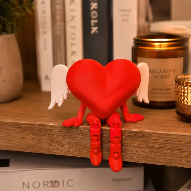 Articulated Heart Angel, Red Heart Figure with Wings, Cute Shelf Sitter, Valentine Romantic Desk Decor Gift for Couples