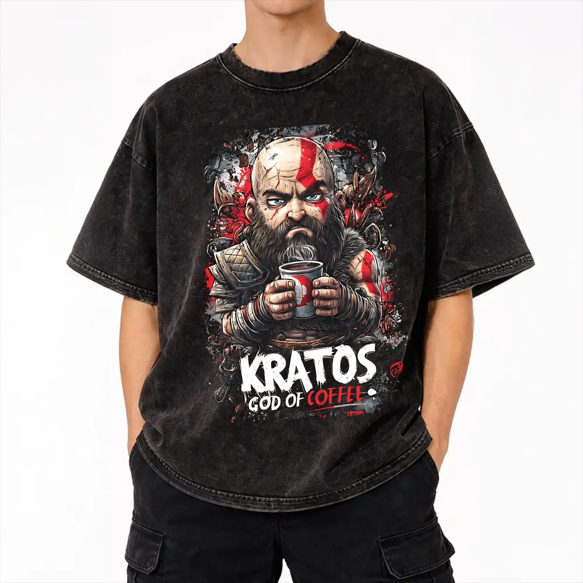 Kratos God of Coffee God of War Outfit Washed T Shirts Men Women Streetwear Hip Hop T-Shirt Summer  Tee Shirt Cotton