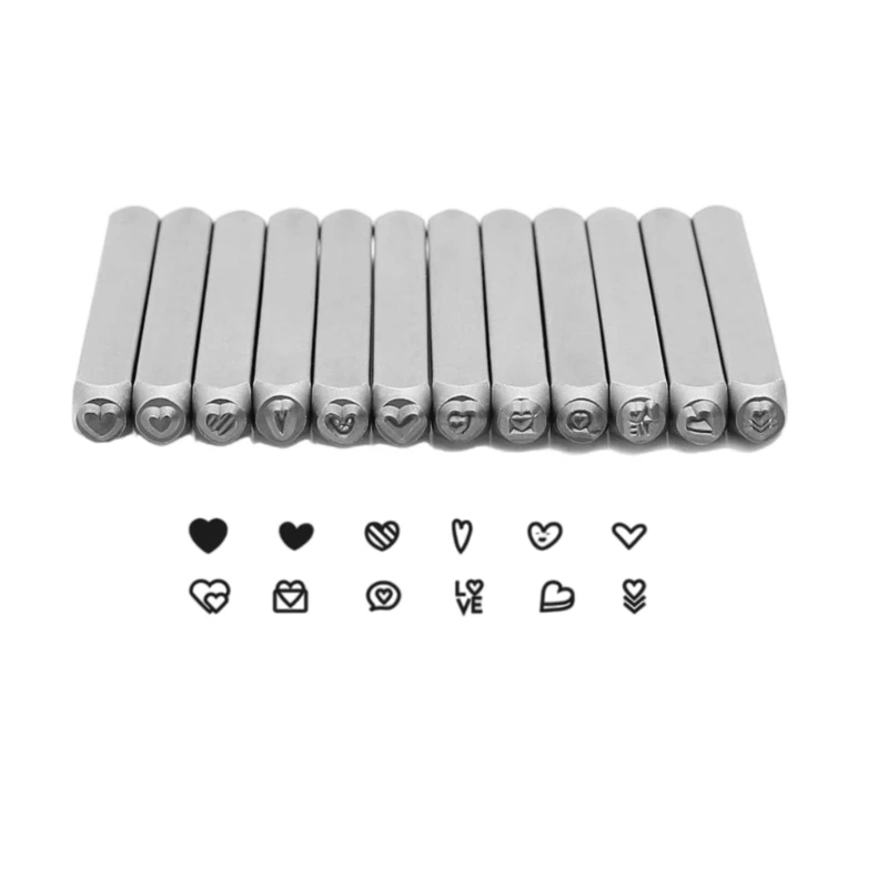 12pcs Metal Stamping Metal Stamps Heart Symbol Metal Punch Stamps Love Heart DIY Leather Stamps Jewelry Stamping 1/8 (3mm)