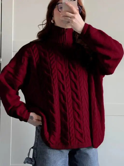 Maglione lavorato a maglia jacquard con colletto solido allentato autunno e inverno per donna maglione casual con cerniera semplice