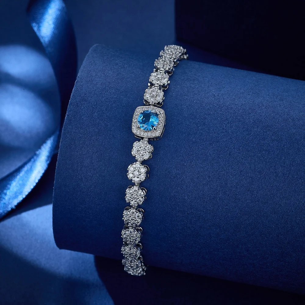 High Quality Fine Jewelry Elegant Main Round Blue Zircon Bracelet White Tennis Bracelet