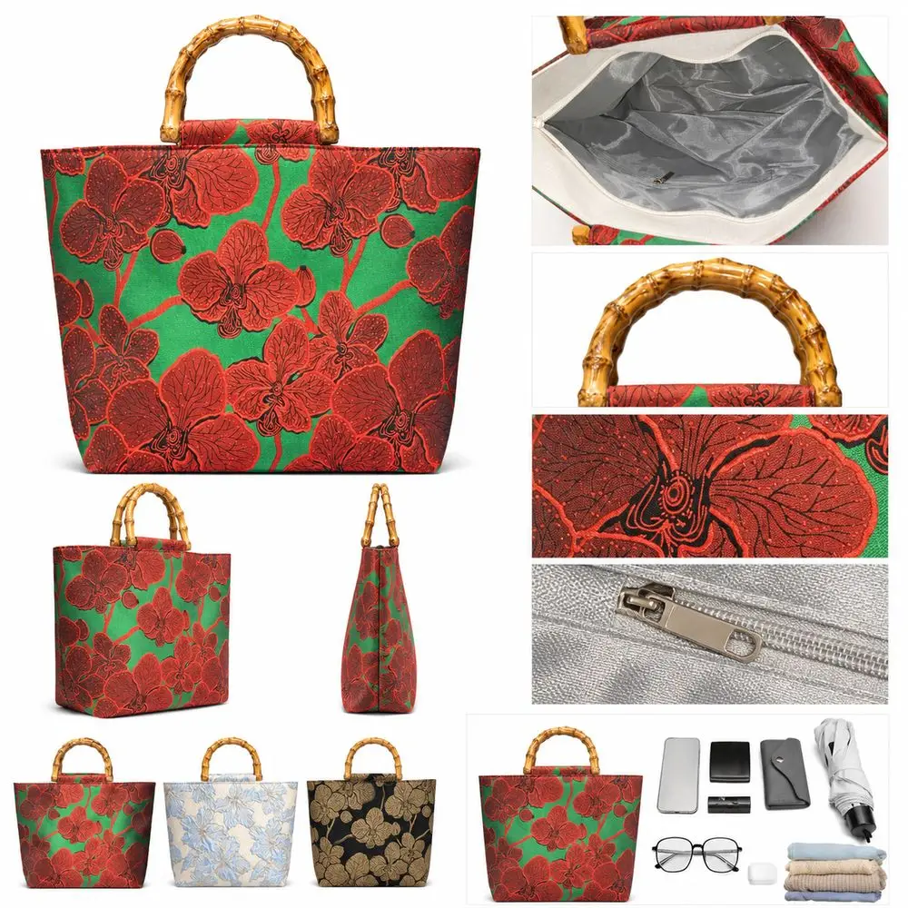 Double-Sided Embroidered Tote Bag Large Capacity Floral Pattern Floral Tote Bag Canvas Handbag