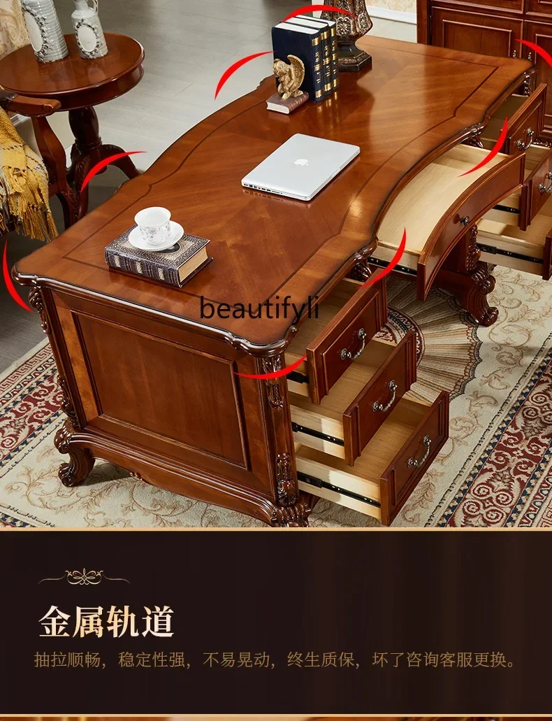 

YH American solid wood desk European high-end boss, office desk and chair combination retro study