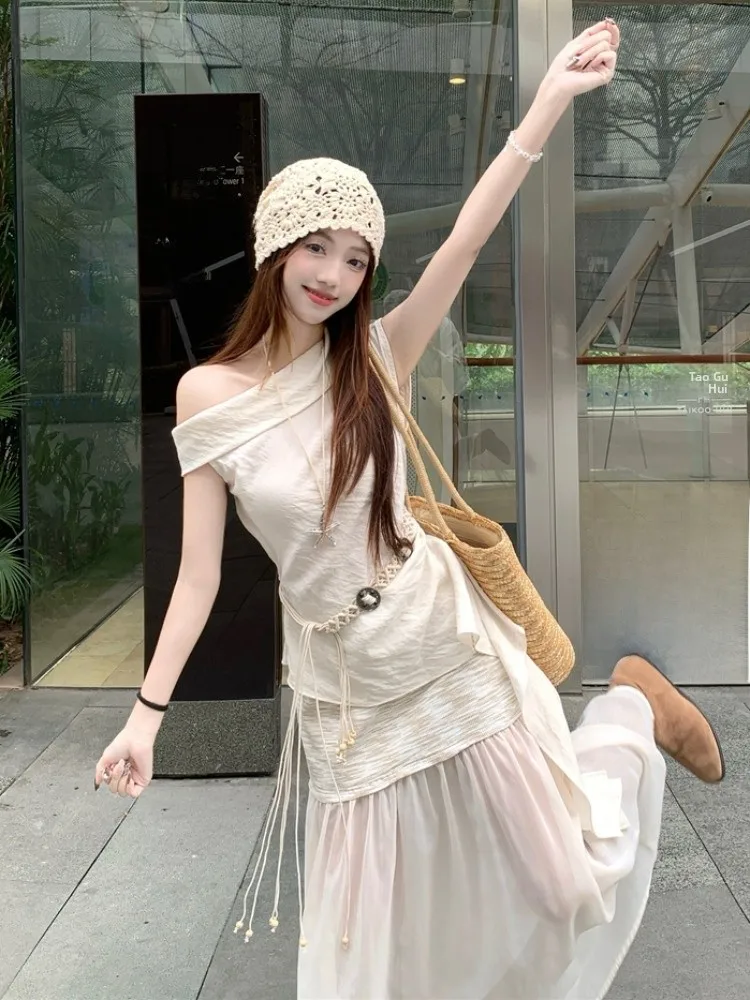 

Sweet Sister High Waist Asymmetrical Shoulder Sleeveless Slimming T-Shirt And Skirt Set Women's Summer Fashion plus Size