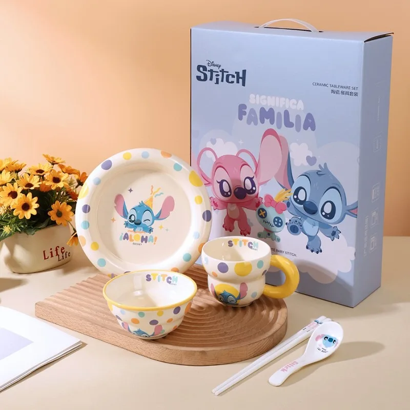 

Sanrio Anime Kawaii Stitch Children Bowl Plate Tableware Cute Cartoon Ceramic Spoons Chopsticks and Cups Set Gifts for Kids