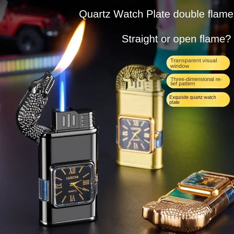 Hot selling Creative Double Flame Windproof Butane Gas Metal Lighter Camping Outdoor Portable Cigar Lighter Men\'s High end Gift