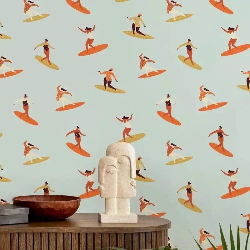 Surfer Girls Wallpaper Peel and Stick, 70s Style Beachy Surf Girl Wall Mural For Room Decor, Self-adhesive Or Traditional Papers