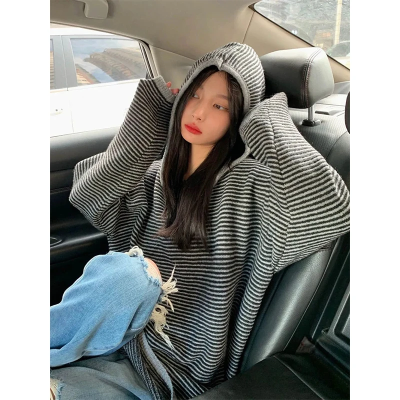 MEXZT Striped Hooded Sweater Women Streetwear Oversized Knitted Pullovers Y2K Harajuku Knitwear Vintage Korean Casual Jumpers