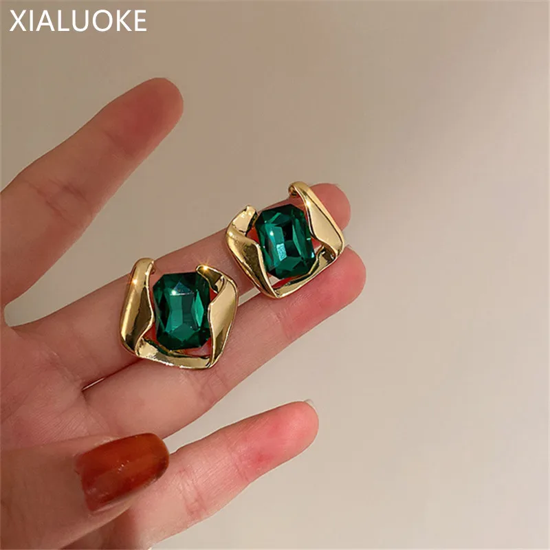 XIALUOKE Fashion Geometric Rectangle Green Glass Stud Earrings For Women Luxury Elegant Asymmetric Earring Wedding Party Jewelry