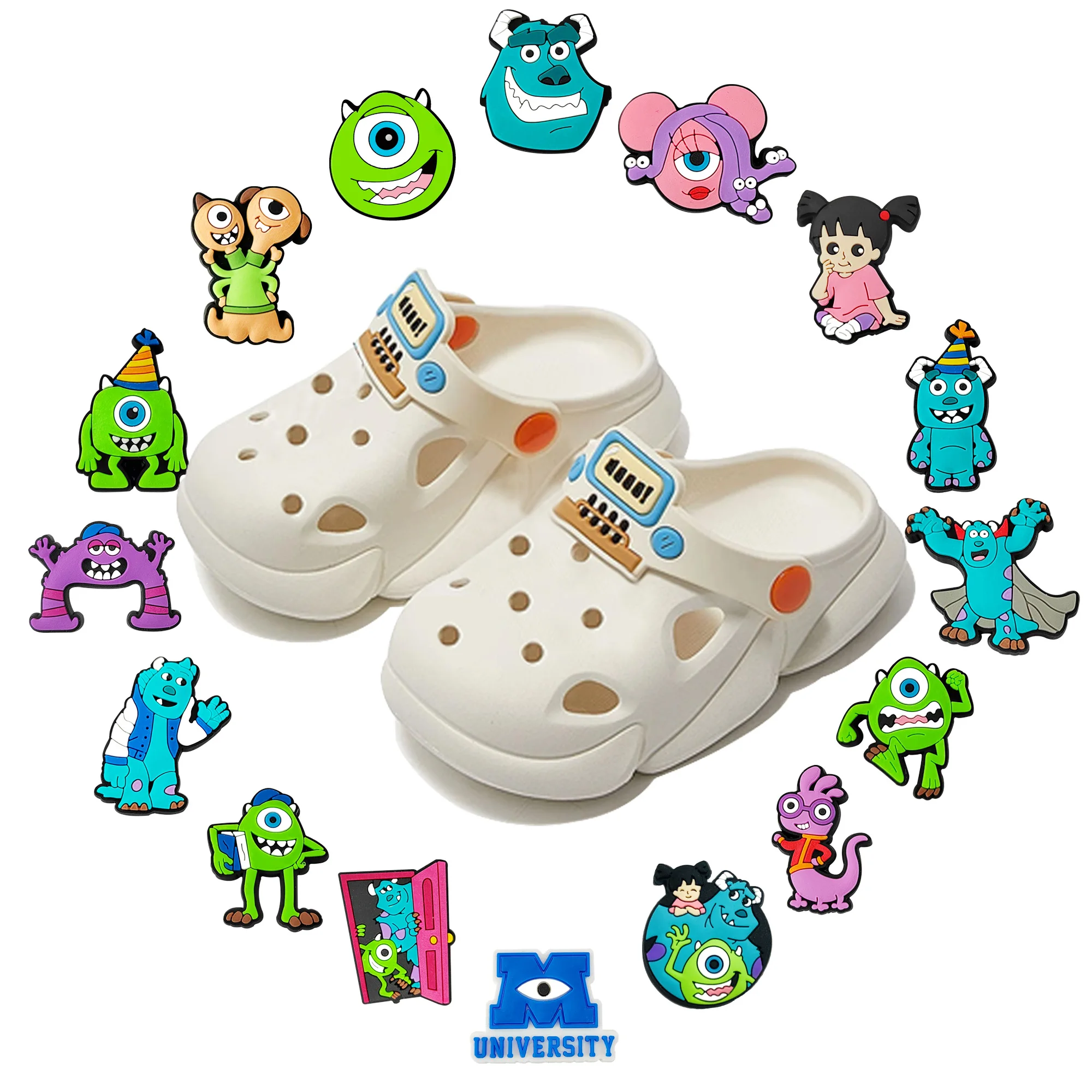 MINISO 16pcs Disney Cartoon Monsters Inc. University James P Shoe Charms PVC Garden Shoes Buckles Decoration Fit Kids Gift