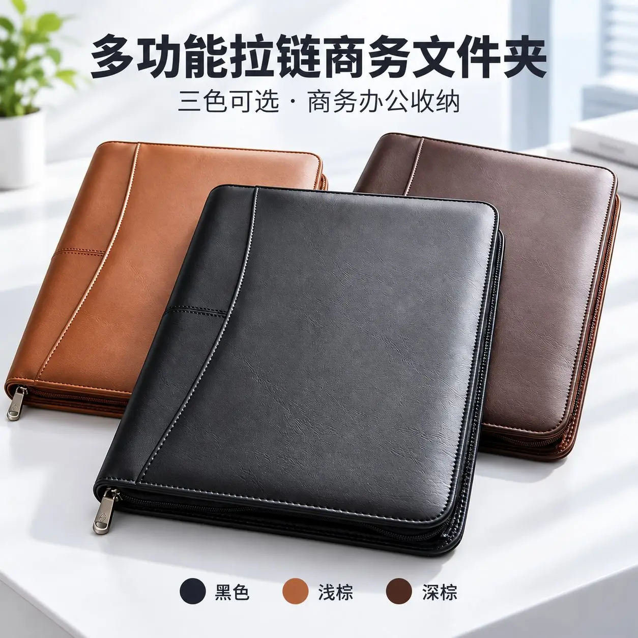 A4 Zipper Business Portfolio Folder with Calculator and Memo Pad PU Leather Document Organizer for Office Meetings and Sales
