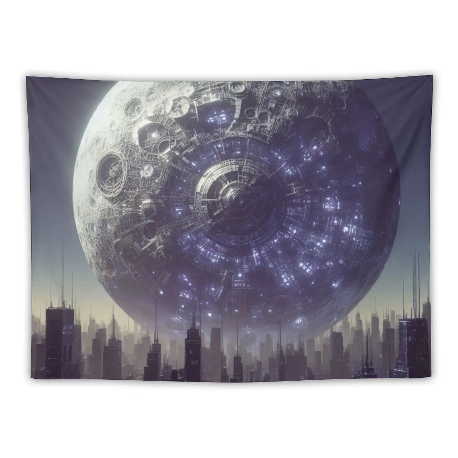 

A cyberpunk-style mechanical moon in sky Tapestry Decorative Wall Murals Room Decorations Bedroom Decor Aesthetic Tapestry