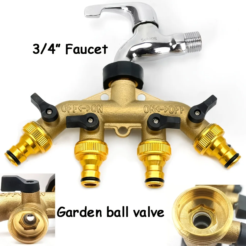 Garden Brass 4 Way Ball Valve 1 Point 4 Diverter with 4 3/4 Inner Tooth Aluminum Nipple Fittings