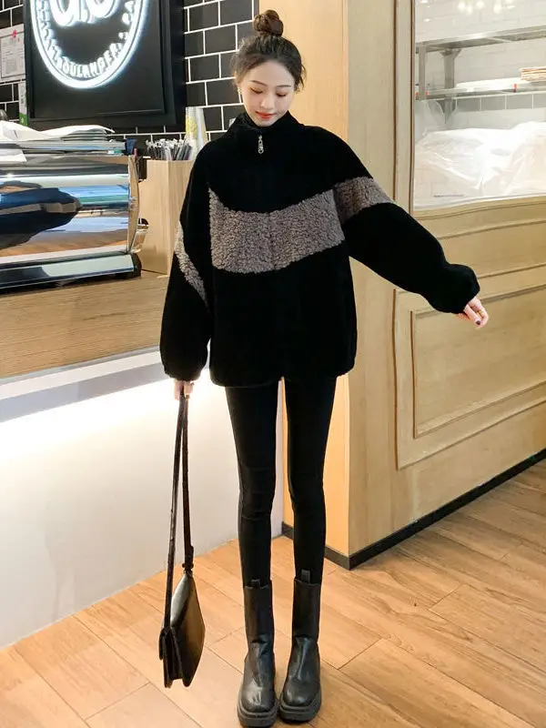 

Женская короткая утепленная куртка из овечьей шерсти без этикетки бренда, зимнее пальто в корейском стиле, свободный крой, с завышенной талией, повседневная верхняя одежда