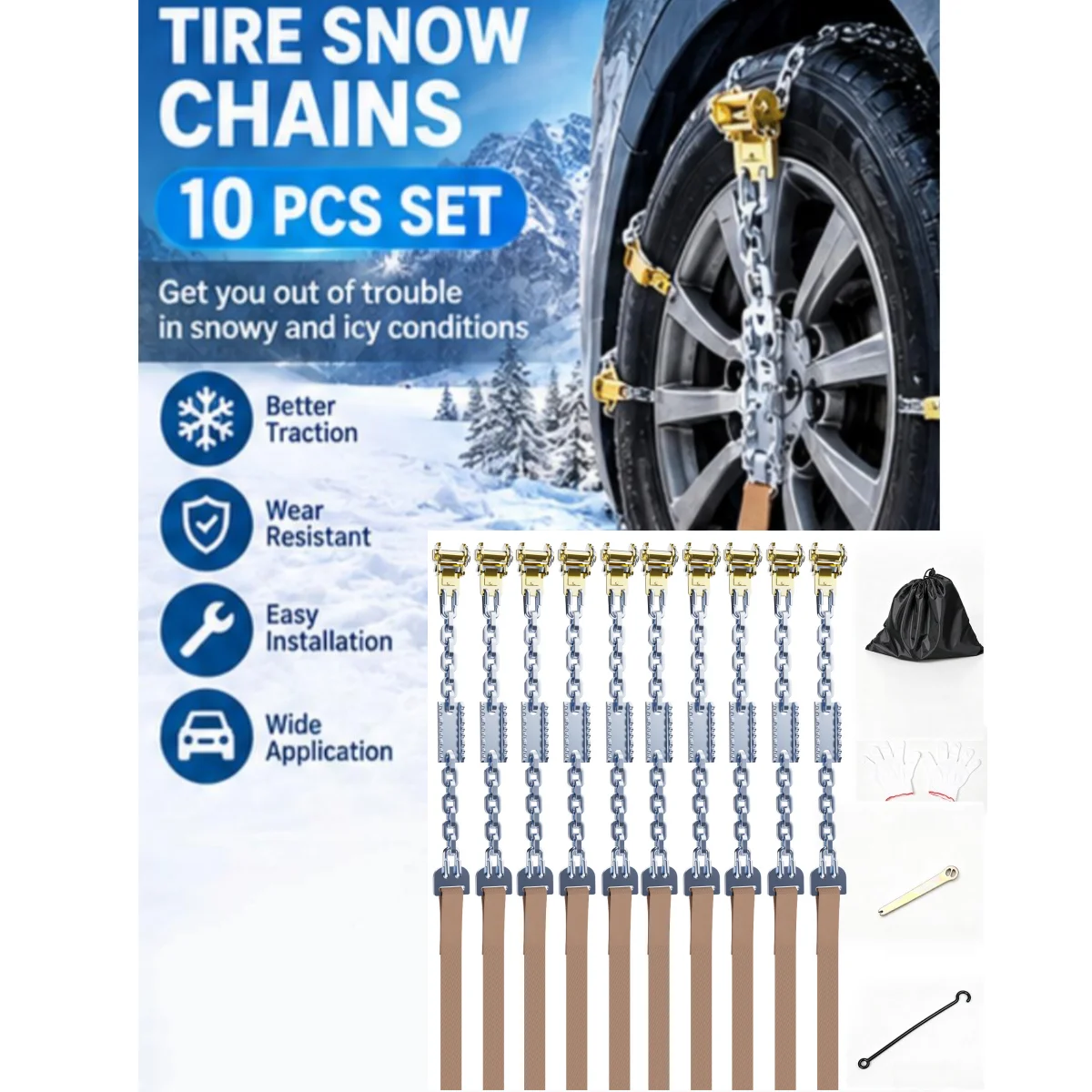 Heavy Duty Snow Chains, Portable Anti-Skid Tire Chains for Cars SUVs, Adjustable Winter Traction Belt for Snow Ice Mud Sand