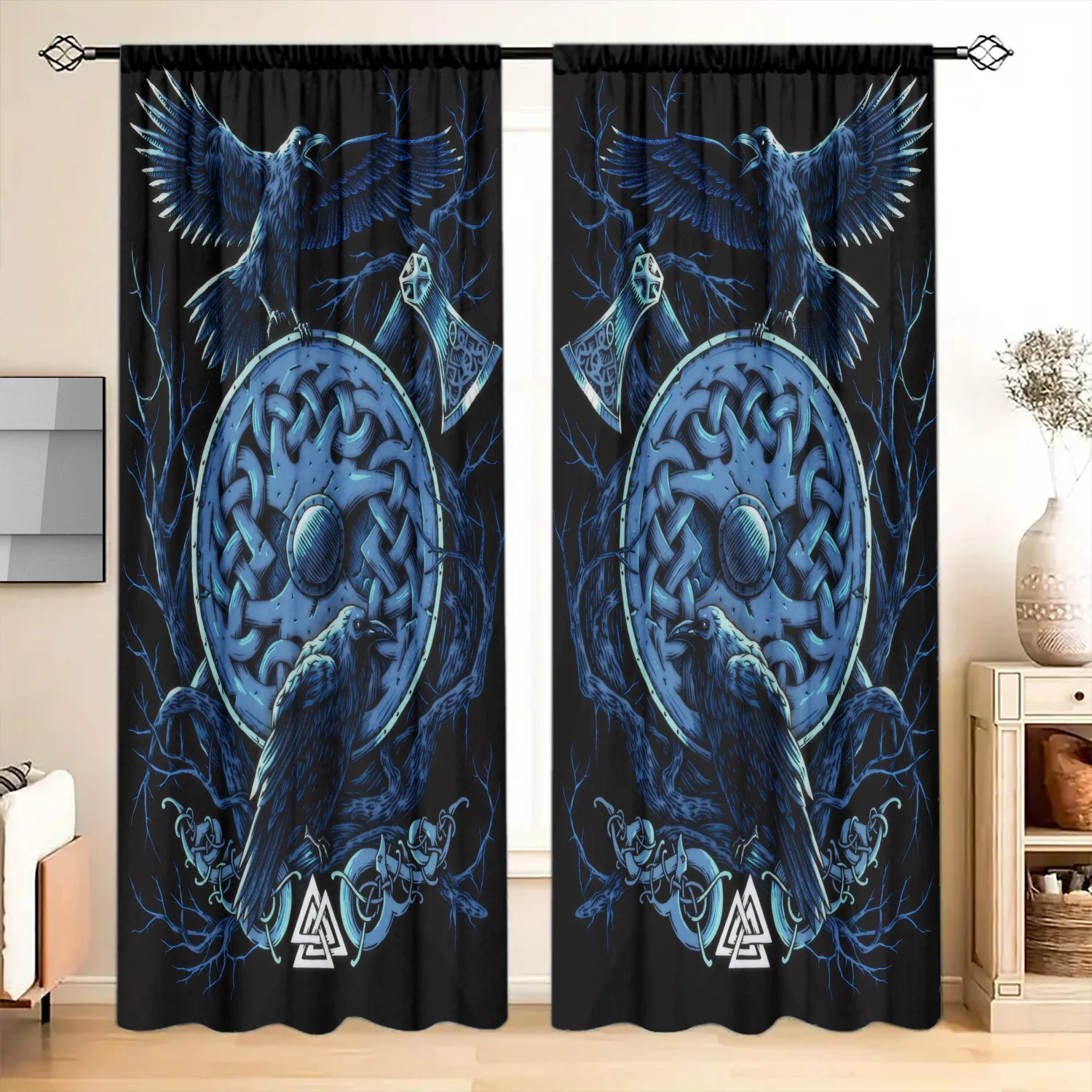 Viking Raven Shield Curtain, Norse Mythology Print Drape, Celtic Knot Warrior Decor, Dark Fantasy Home Textile, Gothic Window