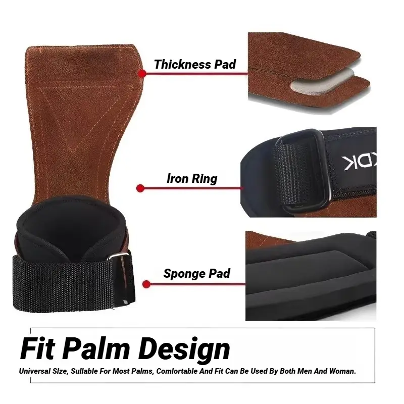 Cowhide Gym Gloves Grips Anti-Skid Weight Power Belt Lifting Pads Deadlift Workout Crossfit Fitness Palm Protection Training - 3