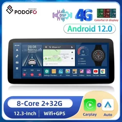 Podofo 12.3inch 8Core Android 12 2+32G Car Radio Stereo Android all-in-one Wireless Carplay Android Auto 4G WIFI GPS Navigation