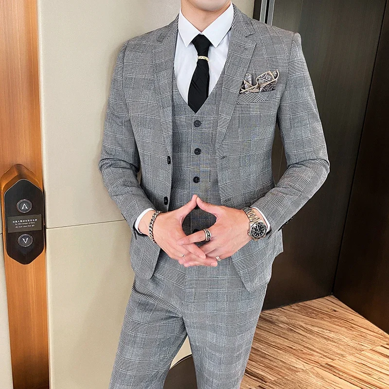 Jacket Vest Pants Spring Autumn Thick Luxury Houndstooth Plaid Formal Business Men's Suit Groom Wedding Dress Stage Slim Suit