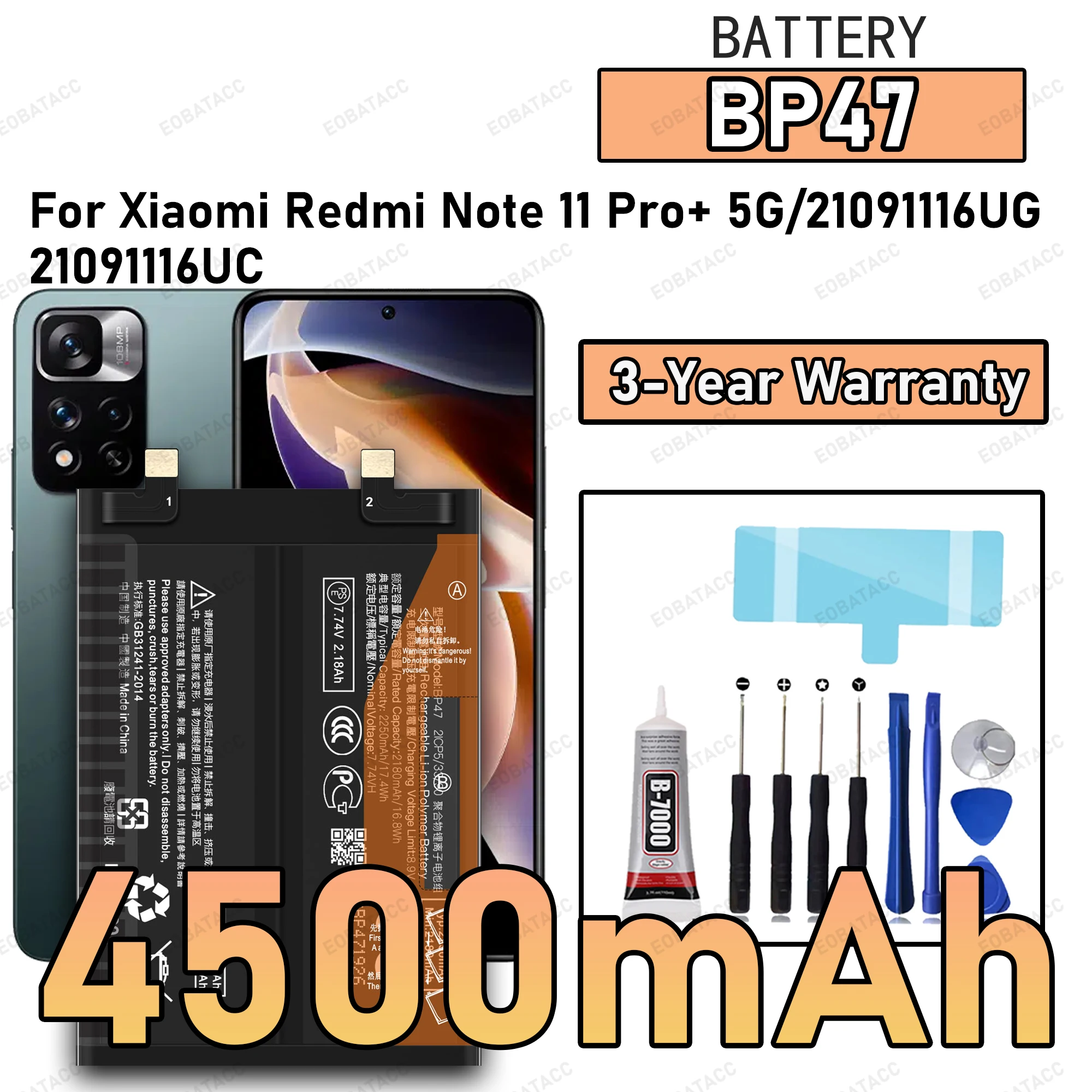 

100% New High Quality BP47 Battery For XIAOMI Redmi Note 11 Pro + 5G/21091116UG Phone Replacement Bateria Battery +Free Tools